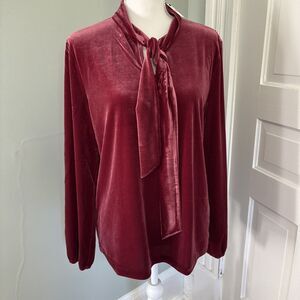 NWT Talbots Women Size Small Large Blouse Top Burgundy Velour Tie Detail